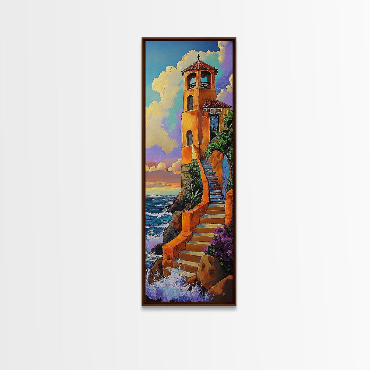 Tower, Steps, Ocean, Chapel, Framed Canvas Print, Vibrant Seaside Wall Art, Entryway Decor, Coastal Sunset Scene