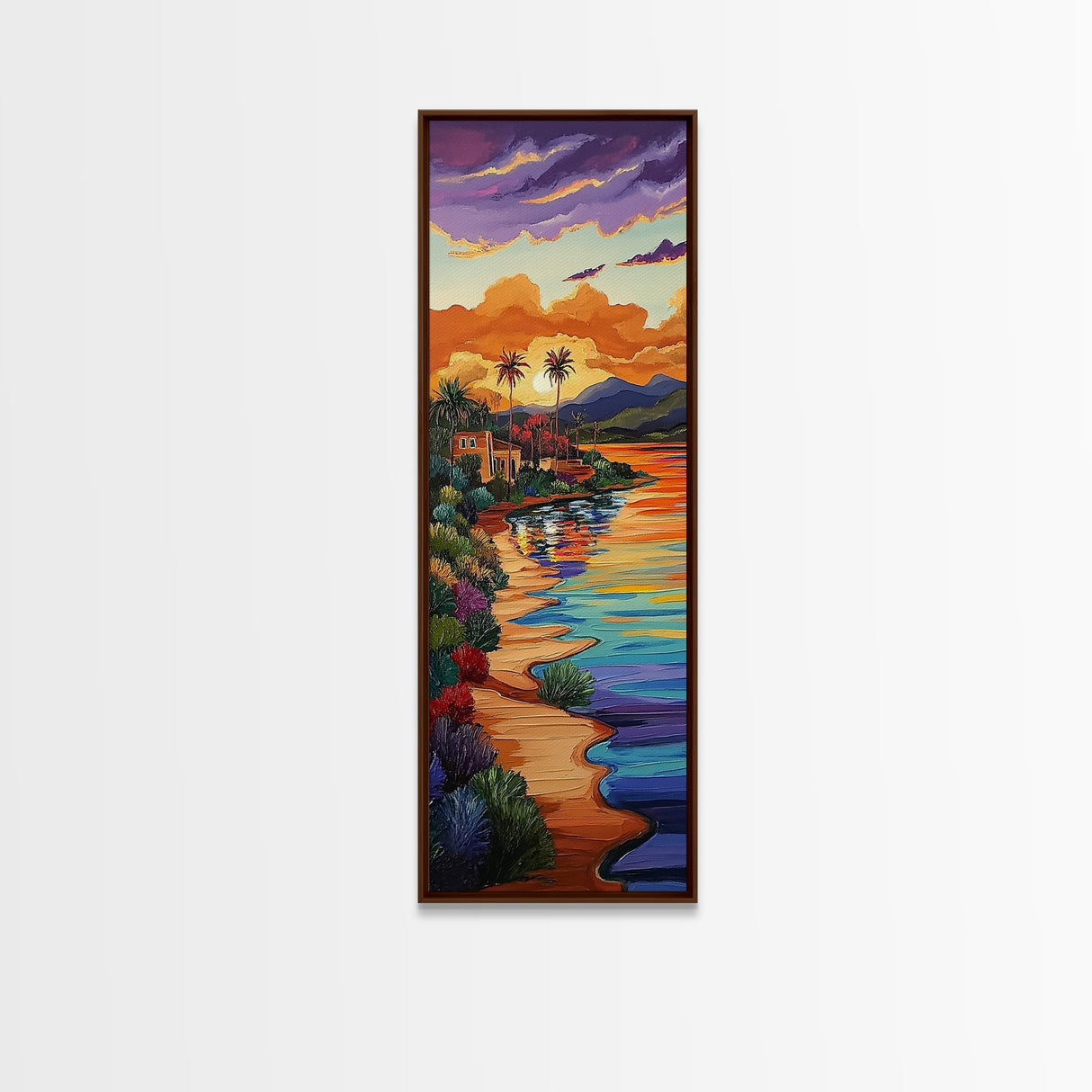 Sunset, Palm Trees, Water, Reflection, Framed Canvas Print, Tropical boho art ideal Living Room Wall Art or Beach House Coastal Decor
