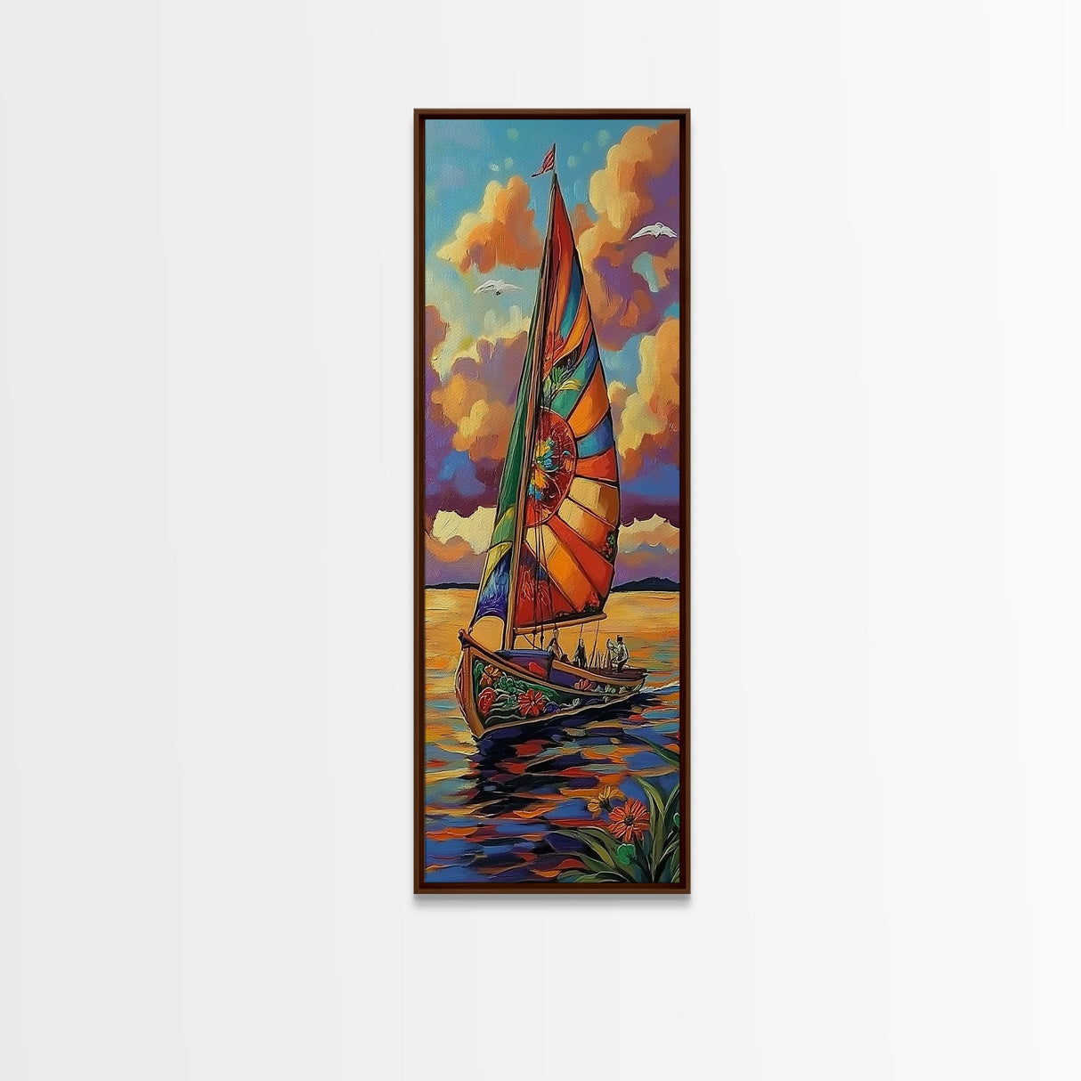 Sailboat Sunset, Nautical Colors, Coastal Adventure Wall Art, Tropical Summer Decor, Beach House Style, Framed Canvas Print