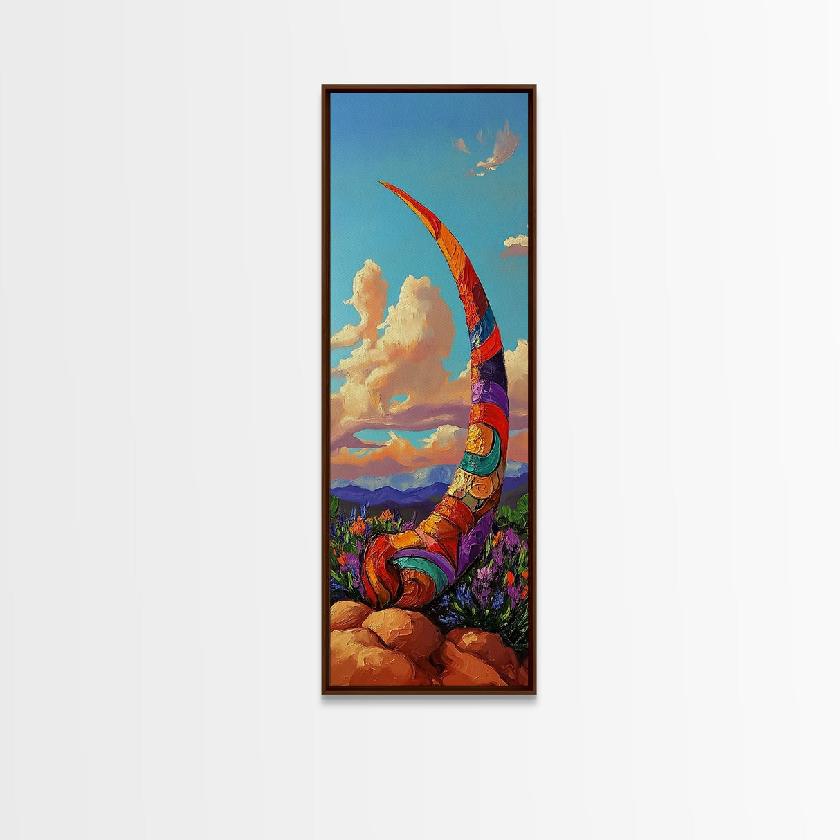 Horn, Abstract, Desert, Vibrant Desert Horn Framed Canvas Print, Surreal Boho Wall Art, Rustic Southwest Decor, Meditation Room Accent