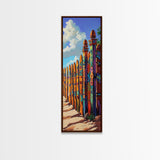 Fence Desert, Colorful, Southwest Boho Vibes Framed Canvas Print, Rustic Living Room Art, Eclectic Wall Decor, Vibrant Folk Style