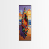 Canoe Beach, Sunset, Vibrant Boat Art Framed Canvas Print, Coastal Wall Decor, Tropical Living Room Art, Colorful Boho Adventure Scene