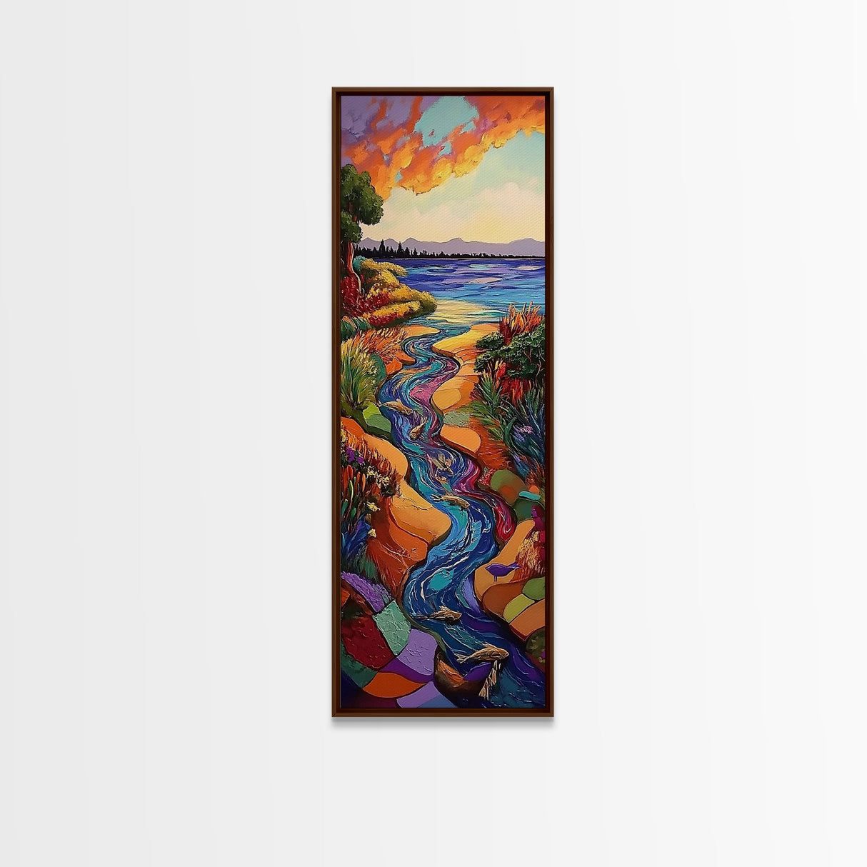 Sunset River, Landscape, Painting, Framed Canvas Print, Vibrant sunset river wall art, nature home decor, mountain style, hallway wall art