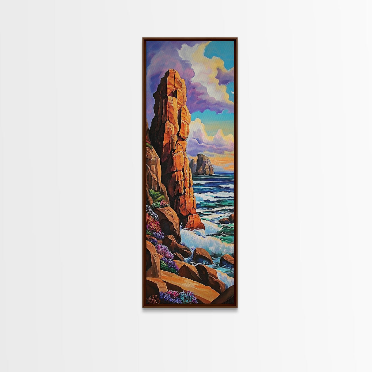 Coastal Cliffs, Ocean, Sunset, Framed Canvas Print, Bold coastal cliffs wall art, dramatic seascape beach decor, contemporary ocean painting