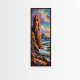Coastal Cliffs, Ocean, Sunset, Framed Canvas Print, Bold coastal cliffs wall art, dramatic seascape beach decor, contemporary ocean painting
