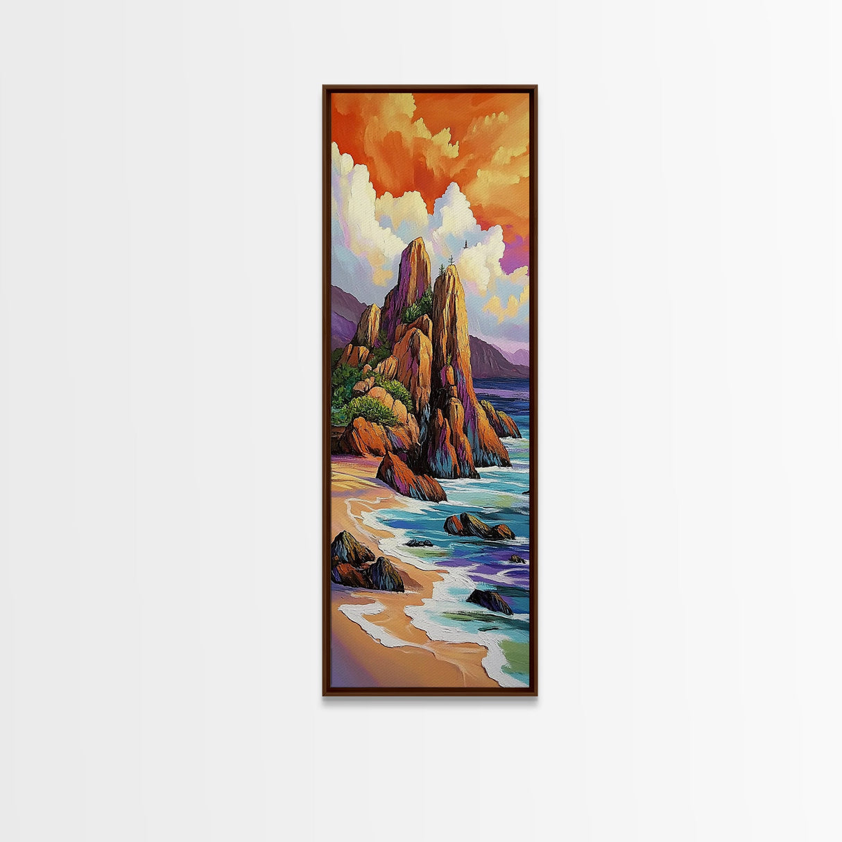 Seascape Beach, Sunrise, Rocks, Framed Canvas Print, Coastal seascape beach painting, vivid sunrise wall decor, coastal living room wall art