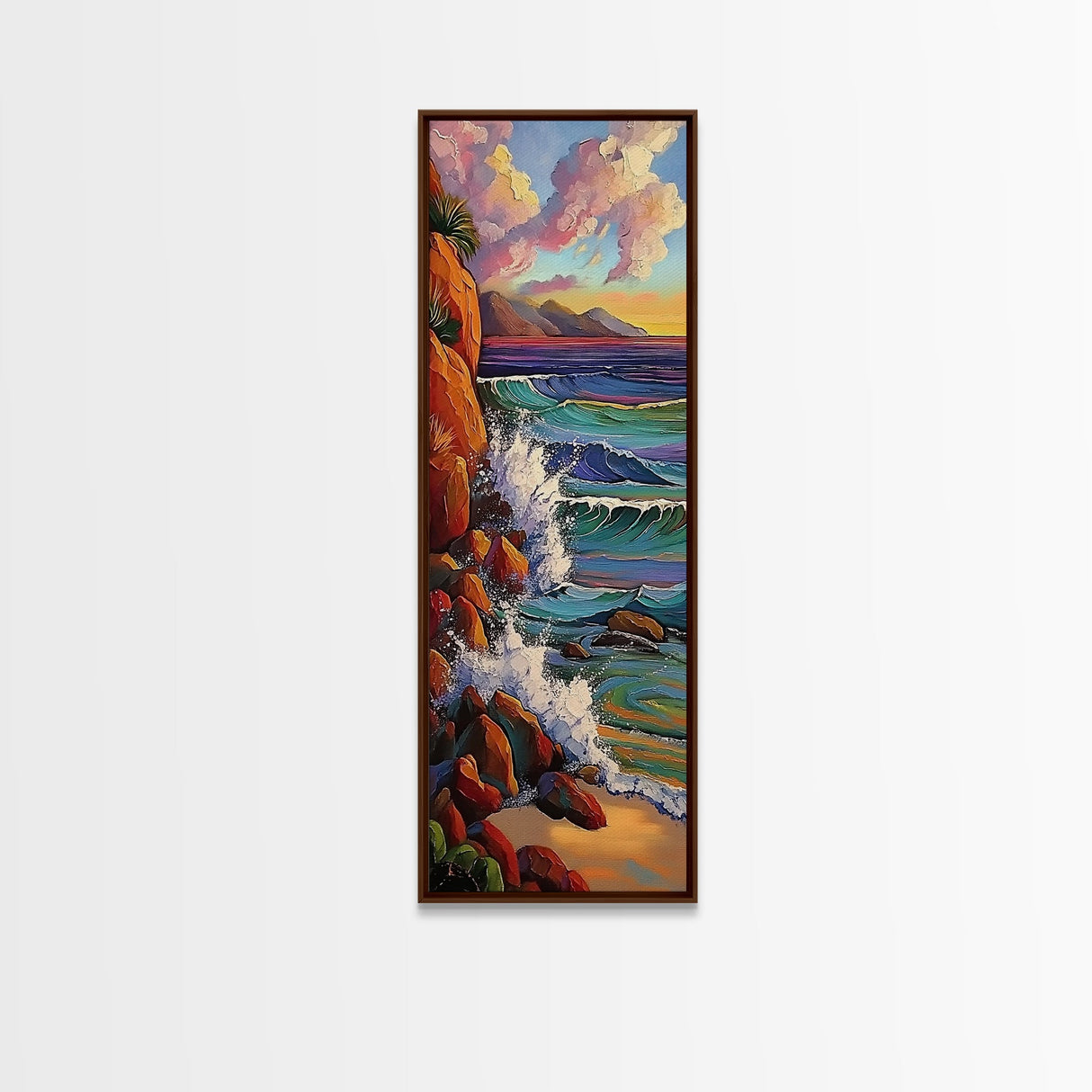 Ocean Cliffs, Sunset, Trees, Framed Canvas Print, Ocean cliffs wall art, glowing sunset scene, romantic coastal decor, entryway accent