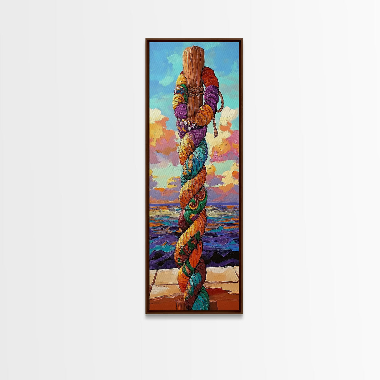 Nautical Rope, Pier, Art – Framed Canvas Print beach house decor, coastal rope wall art, nautical theme, vibrant colors, bathroom wall art