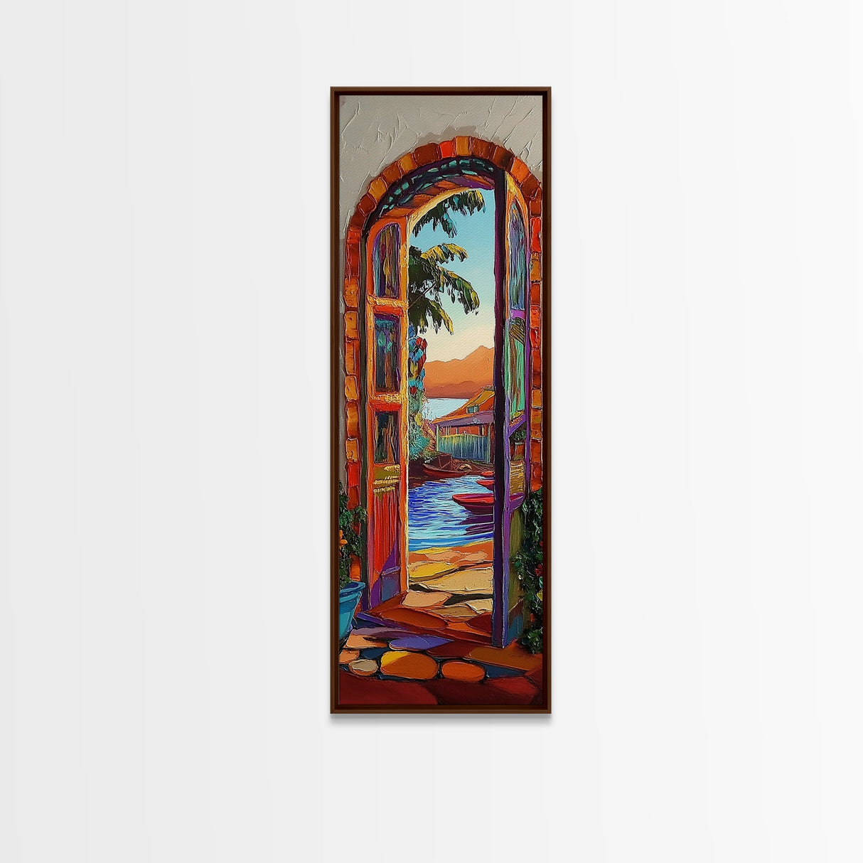Open Doorway, Water, Boats — Canvas Print of seaside view through open door, perfect Coastal Bathroom Wall Art or Tropical Living Room Decor