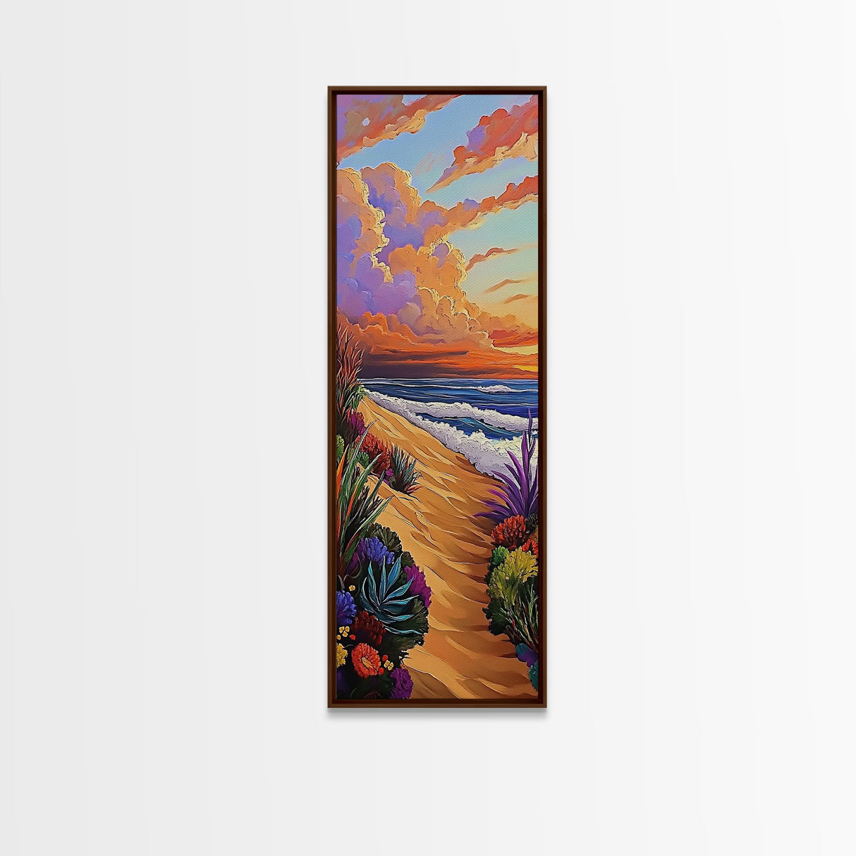 Seaside Sunset, Floral, Ocean Pathway Canvas Print, Vibrant Beach Decor, Coastal Hallway Wall Art, Bold Bohemian Beach Painting