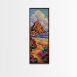 Coastal Path, Mountain, Framed Canvas Print, Vibrant Beach Landscape Wall Art, Desert Coastal Decor, Colorful Nature Living Room Accent