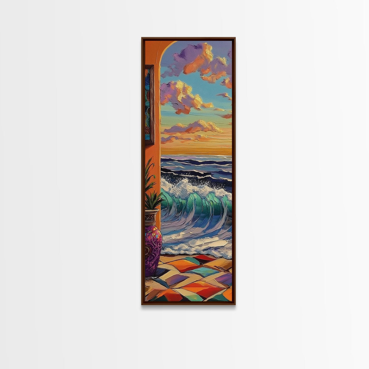 Waves Archway, Ocean, Framed Canvas Print, Coastal Wall Art, Colorful Boho Living Room Decor, Mediterranean Beach Home Accent Piece