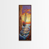 Sailboat Sunset, Cliff, Canvas Print, Vibrant Nautical Wall Art, Boho Coastal Decor, Adventure Beach House Living Room Statement