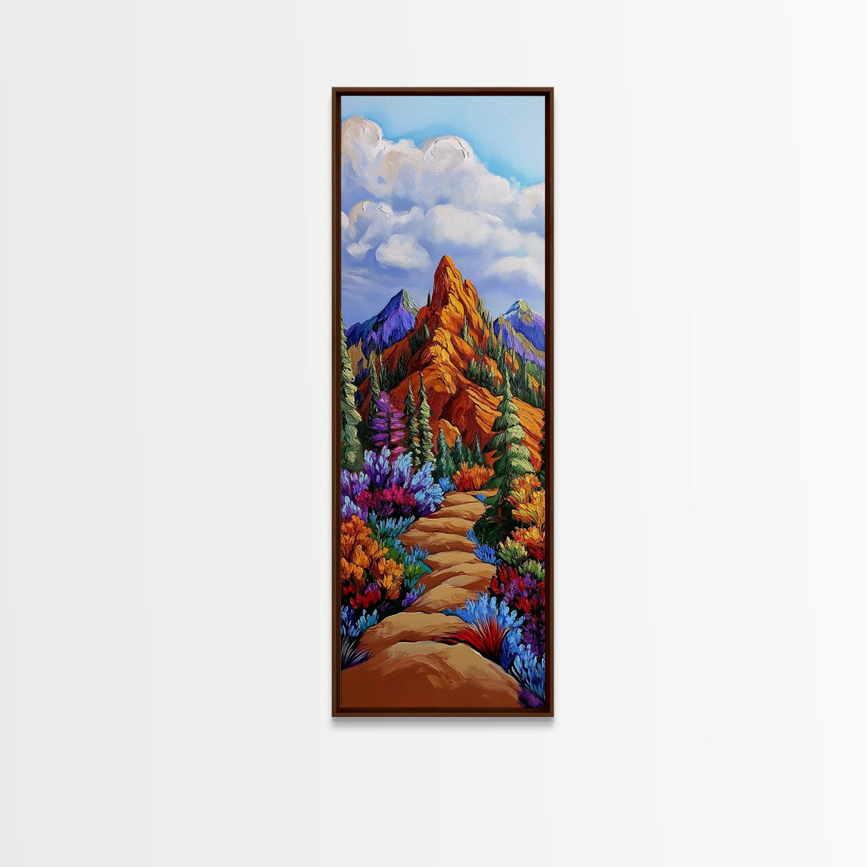 Trail Path, Wildflowers, Mountain View, Nature Escape Scene, Framed Canvas Print, Rustic Boho Wall Art, Cabin Entryway Decor