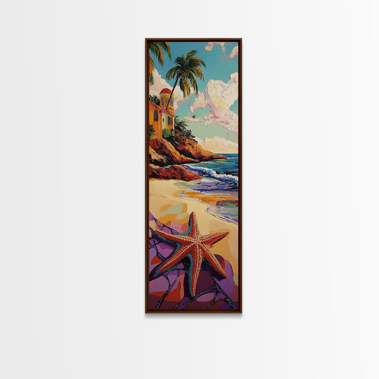 Starfish Beach, Tropical, Canvas Print, Coastal starfish painting with vivid shore and ocean view, beach house decor, guest room wall art