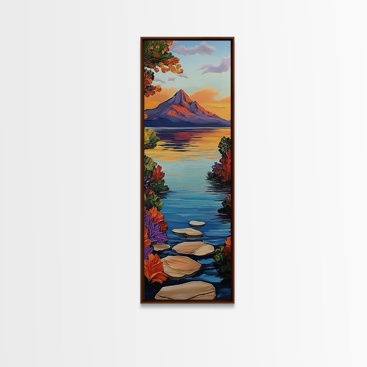 Pathway Lake, Mountains, Framed Canvas Print, Tranquil mountain lake trail painting with floral path, cabin wall art, rustic living room decor