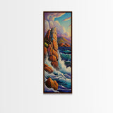 Ocean Rocks, Cliffs, Framed Canvas Print, Dramatic rocky shoreline painting with crashing waves, coastal landscape art, living room decor
