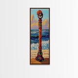 Coastal Totem, Bold, Art, Framed Canvas Print tropical tribal decor, ocean beach vibes, colorful surfside pole painting, seaside living room