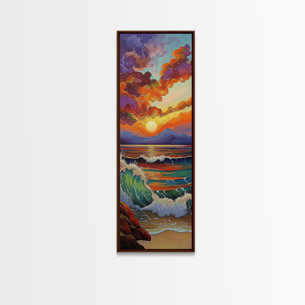 Sunset Seascape, Waves, Ocean Framed Canvas Print vivid wave crashing art, colorful sky landscape, modern coastal art, beach house decor
