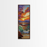 Sunset Seascape, Waves, Ocean Framed Canvas Print vivid wave crashing art, colorful sky landscape, modern coastal art, beach house decor