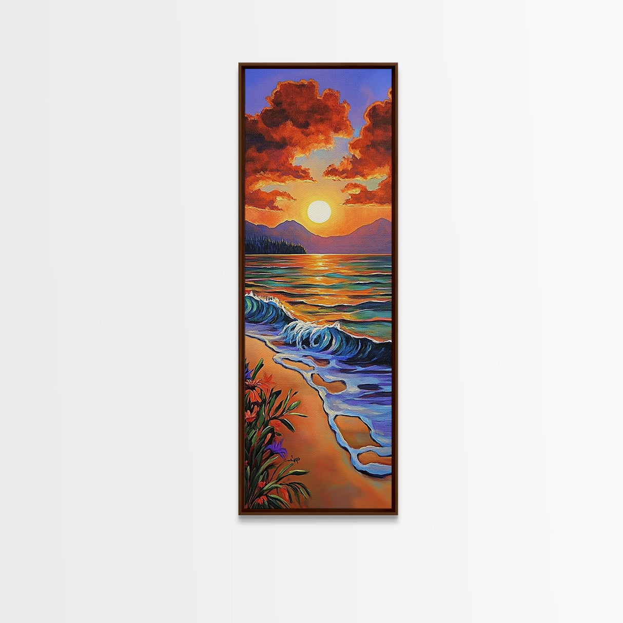 Beach Sunset, Clouds, Coastal Canvas Print vibrant tropical sunset painting, ocean waves art, colorful coastal decor, summer home wall art