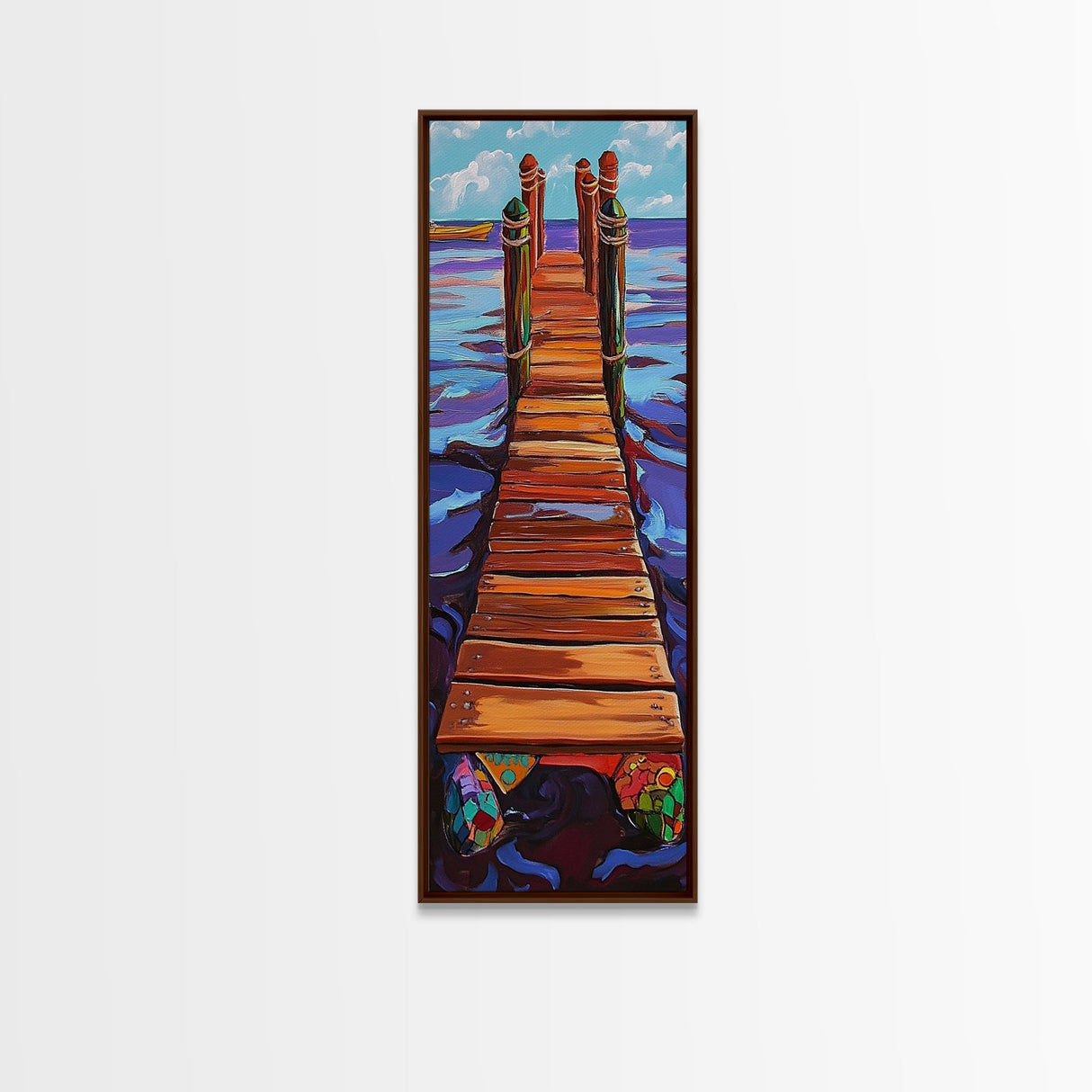 Dock Ocean, Pier, Framed Canvas Print, Seaside Wall Art, Nautical Coastal Decor, Whimsical Ocean Painting, Beach House Style
