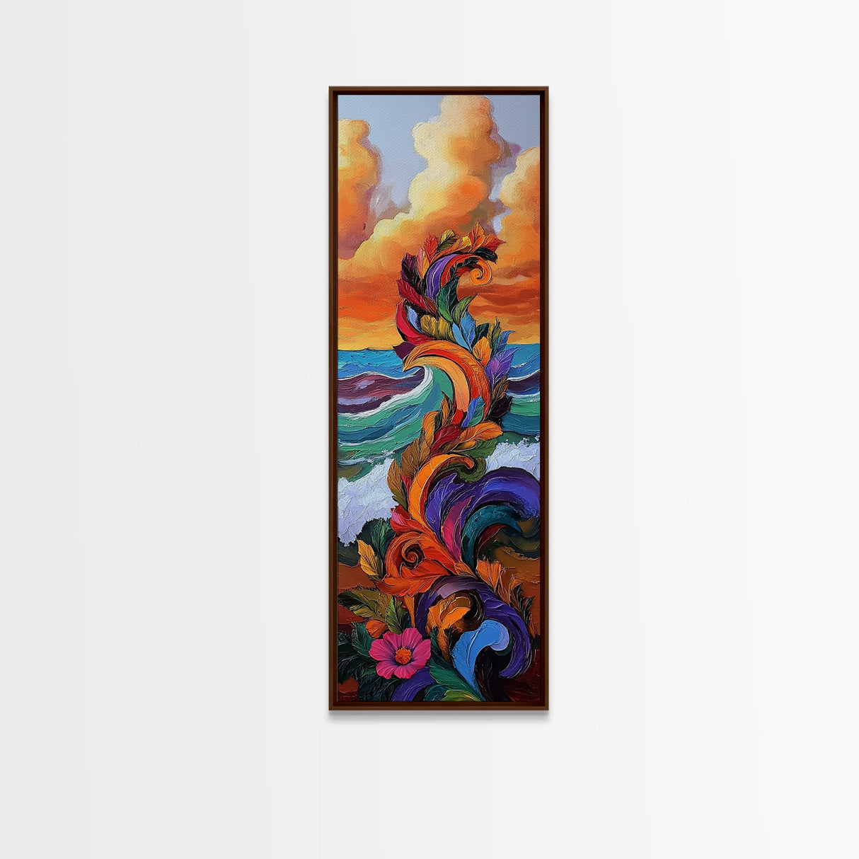 Wave Leaves, Sunset, Canvas Print, Abstract Ocean Wall Art, Bright Boho Decor, Living Room Seascape, Coastal Nature Painting