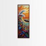 Ocean Wave, Sunset, Splash - Framed Canvas Print coastal wall art, colorful seascape decor, vibrant wave art, living room beach painting