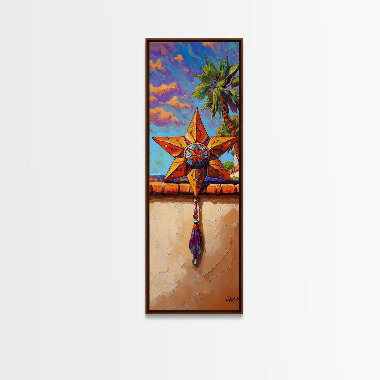 Star Sunset, Fiesta, Palm - Canvas Print Mexican star art, vibrant outdoor wall decor, rustic fiesta painting, patio or entryway accent