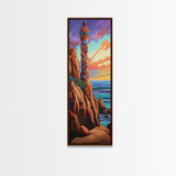 Lighthouse Coastline, Sunset Majestic — Framed Canvas Print, coastal wall art, nautical decor, seascape lighthouse painting, beach house print
