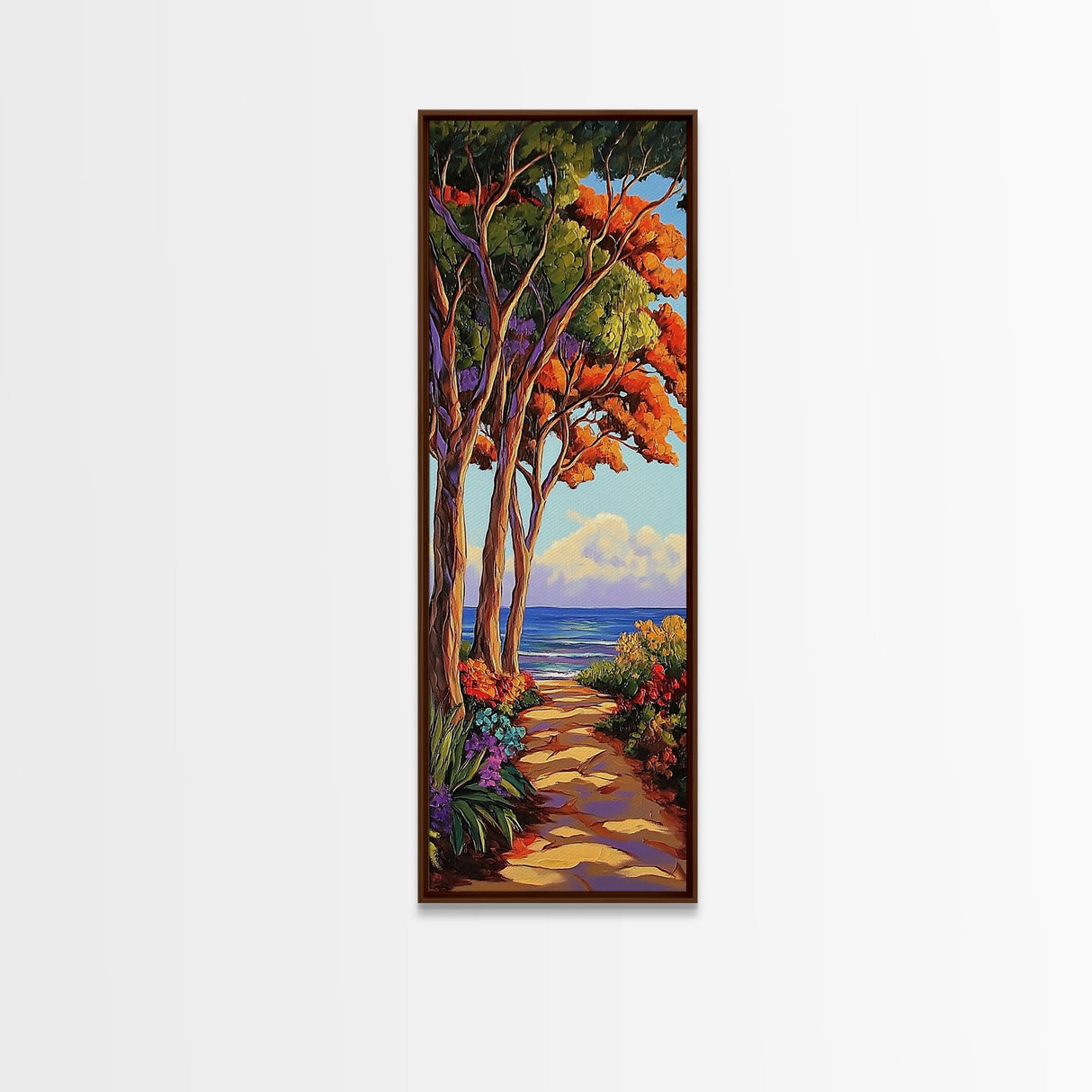Trees Shoreline,Sunset,Serene — Framed Canvas Print, coastal nature wall art, tropical autumn decor, landscape painting, living room artwork