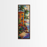 Villa Palms, Beach Colorful — Framed Canvas Print, tropical vacation home decor, beach house art, vibrant coastal scene, entryway print