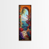 Ocean View, Archway Art, Tropical Seascape, Framed Canvas Print, Coastal Home Decor, Mediterranean Entryway Art, Bright Nautical Art
