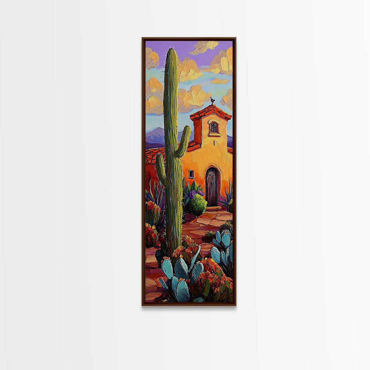 Mission Cactus, Desert Sunset – Southwestern Church Wall Art, Rustic Fall Colors, Framed Canvas Print, Living Room Boho Style