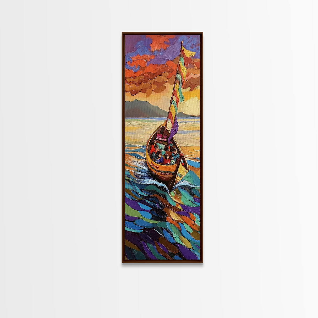 Colorful Boat, Sunset Sea, Vibrant Ocean Scene, Framed Canvas Print, Coastal Wall Decor, Eclectic Living Room Art, Nautical Wall Art