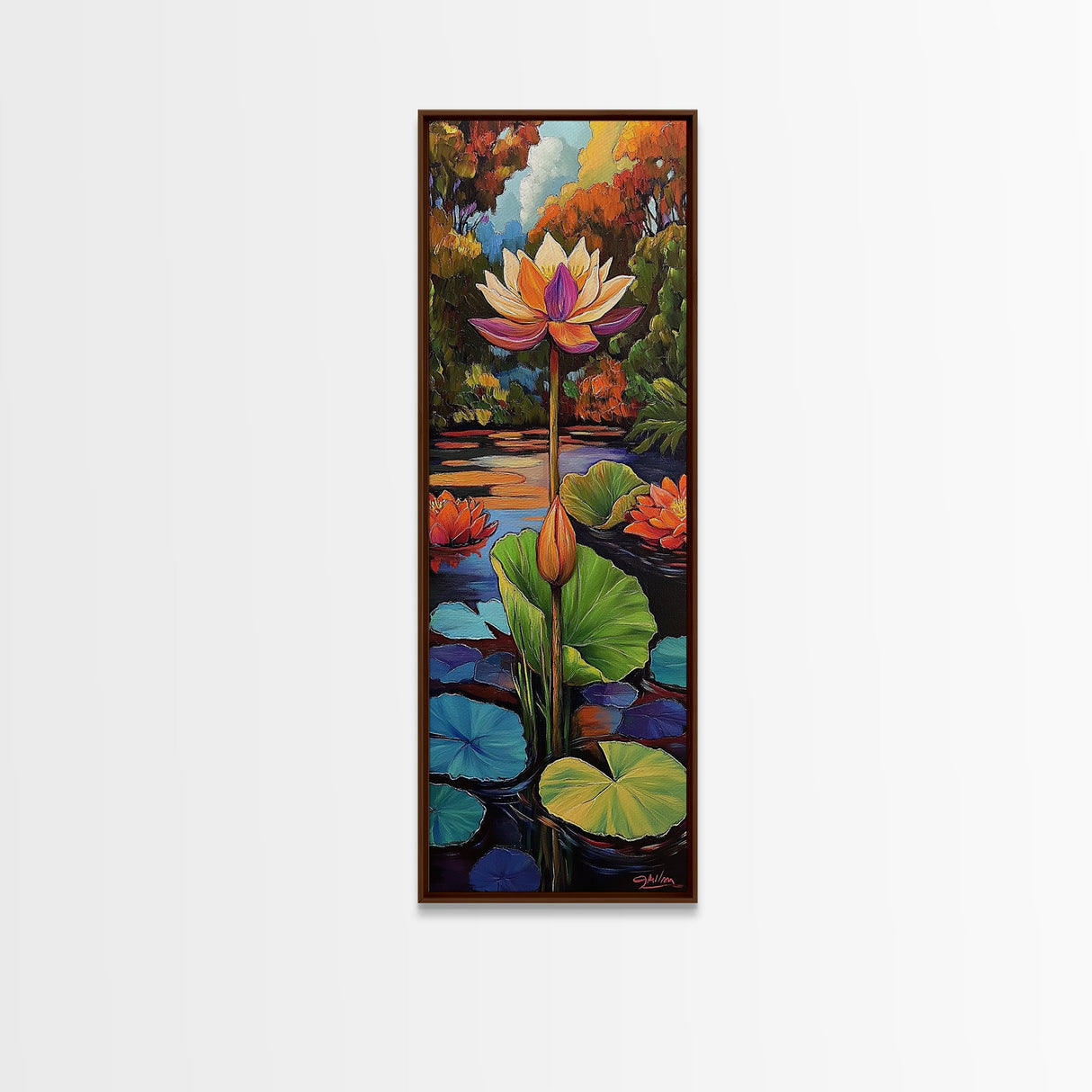 Lotus Blossom, Tranquil Pond, Fall Water Garden, Framed Canvas Print, Zen Wall Decor, Spa Bathroom Art, Peaceful Floral Meditation Art