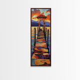 Sunset Pier, Pathway, Landscape, Framed Canvas Print, Coastal Wall Art, Sunset Beach Decor, Living Room Art, Colorful Landscape Painting