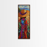 Woman Hat, Flowers, Beach, Canvas Print, Boho Wall Art, Coastal Bedroom Decor, Mexican Art Style, Colorful Summer Wall Accent