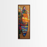 Surfboard Tropical, Sunset, Palm, Framed Canvas Print, Hawaiian surf art, beach house decor, vibrant coastal living room artwork