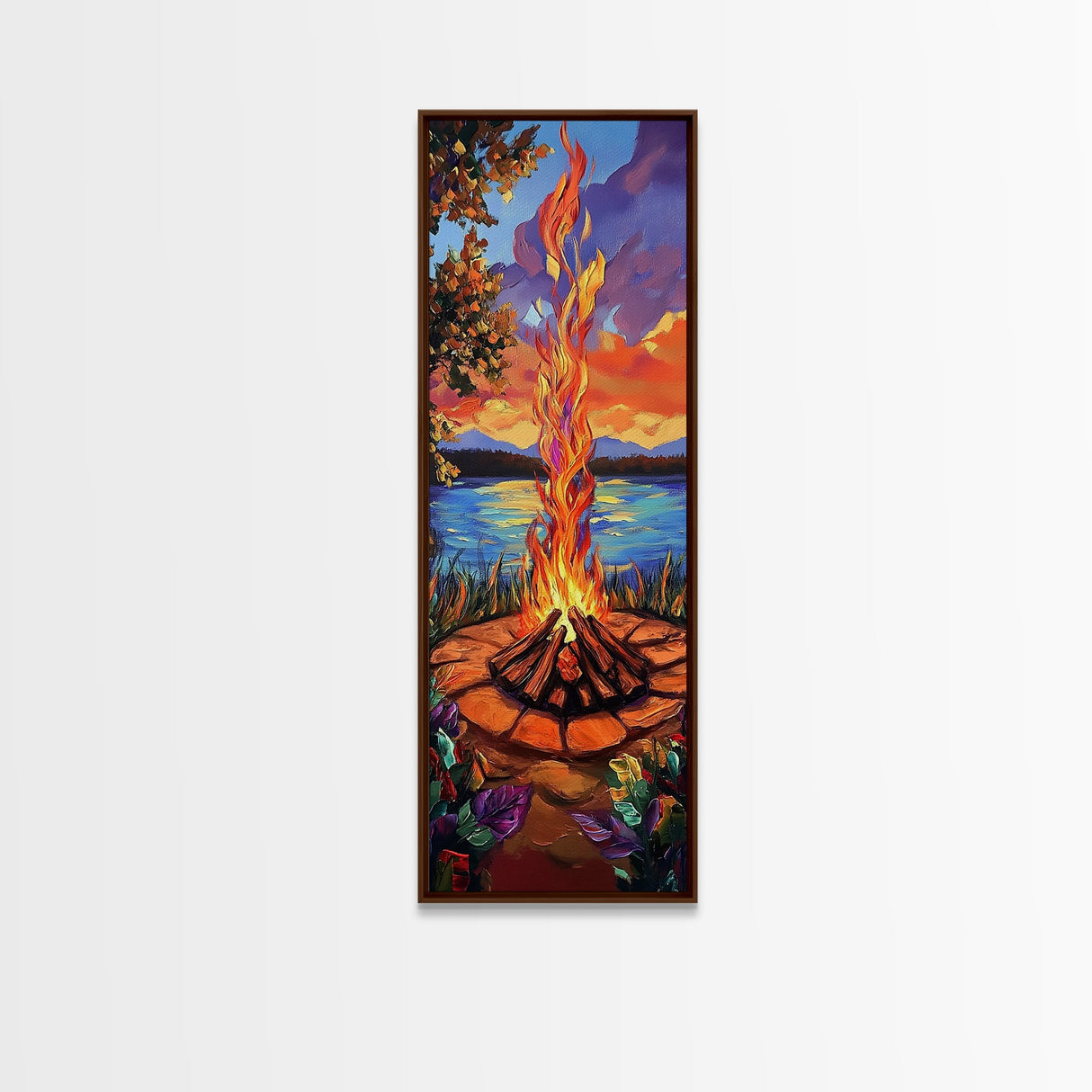 Campfire Flames, Sunset Lake – Rustic Firepit Wall Art, Cozy Cabin Vibes, Autumn Nature Scene, Framed Canvas Print, Lodge Decor