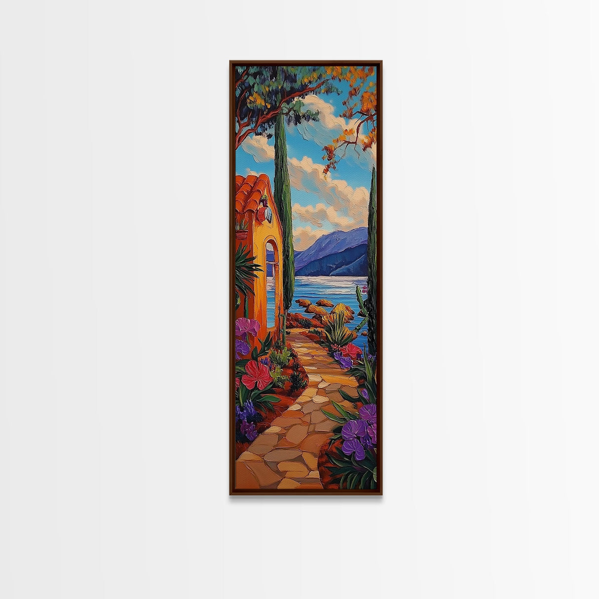 Seaside Garden, Pathway Escape, Framed Canvas Print, Mediterranean wall art, kitchen wall decor, colorful boho art, coastal landscape
