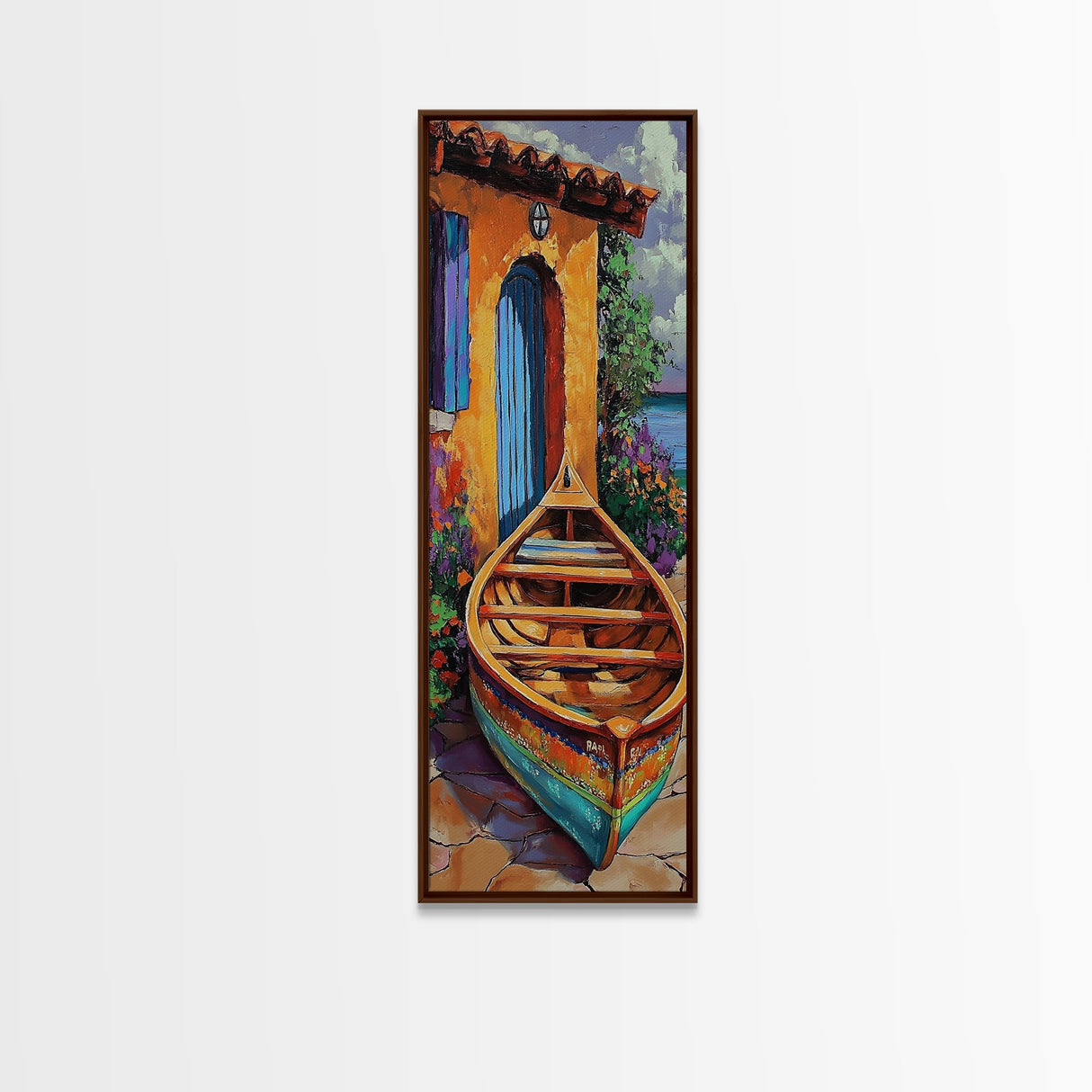 Docked Boat Flowers Villa, Framed Canvas Print, Mediterranean coastal home decor, bright rustic art, hallway wall art, summer lakehouse print