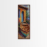 Docked Boat Flowers Villa, Framed Canvas Print, Mediterranean coastal home decor, bright rustic art, hallway wall art, summer lakehouse print