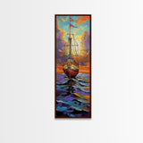 Pirate Ship, Sunset Ocean, Framed Canvas Print, nautical wall art, sailing adventure painting, moody seascape decor, office or den wall art