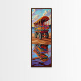 Wagon Reflection, Beach Vibrant, Framed Canvas Print, Colorful bohemian coastal art, living room decor, whimsical wall painting