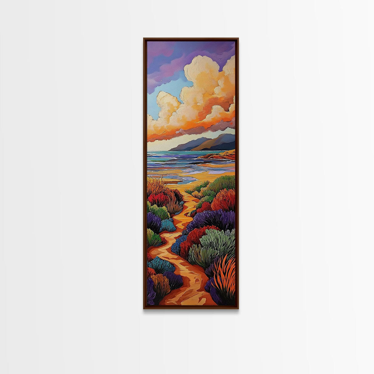 Beach Trail, Colorful Dunes, Seaside Nature, Framed Canvas Print, vibrant coastal landscape painting, tropical home wall art, bedroom art