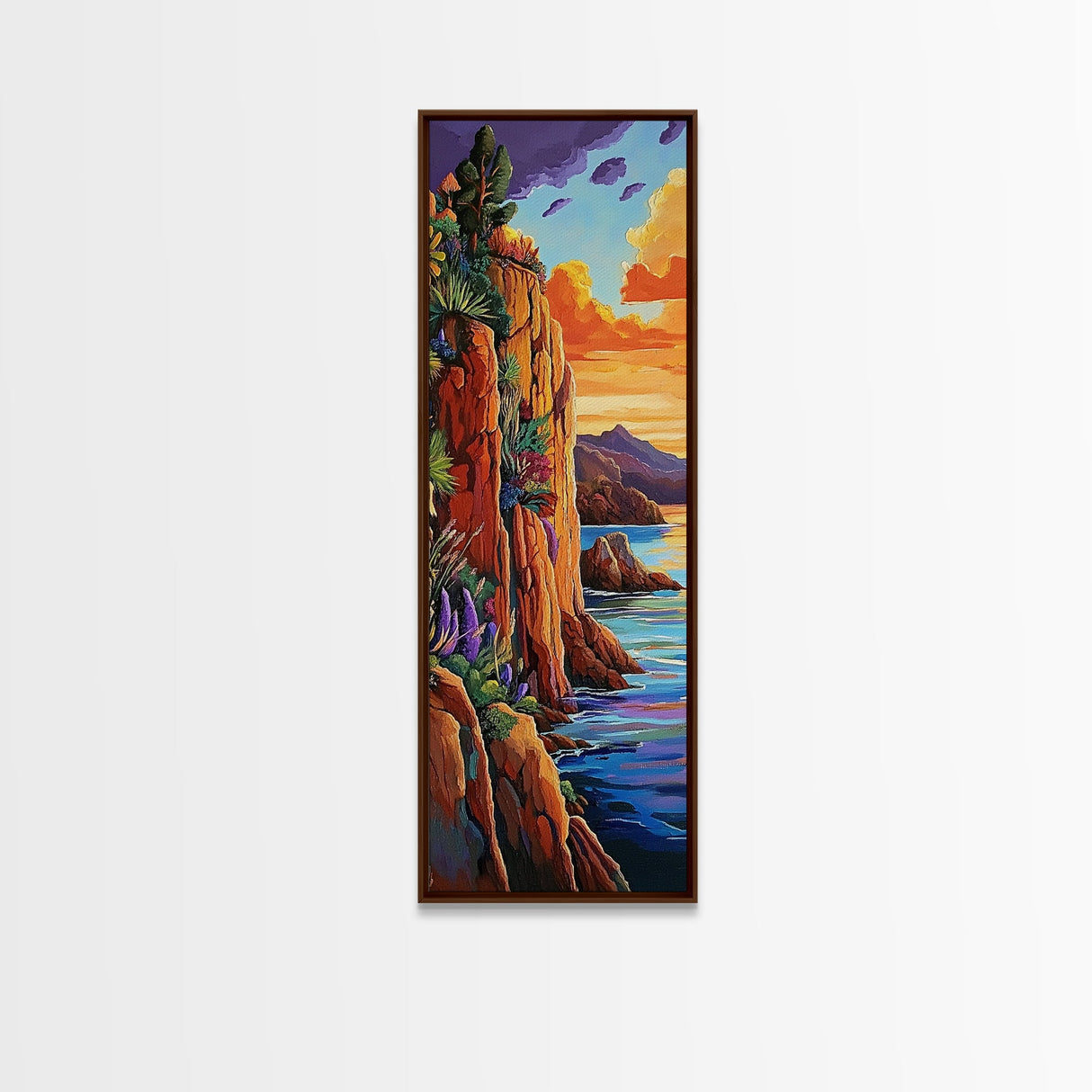 Sunset Cliffside, Ocean Tropical, Framed Canvas Print, Bold rocky coastline painting, tropical wall art, den or office decor piece