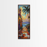 Seaside Church, Palms, Sunset - Framed Canvas Print, Mediterranean beach painting, boho villa wall art, living room or hallway accent piece