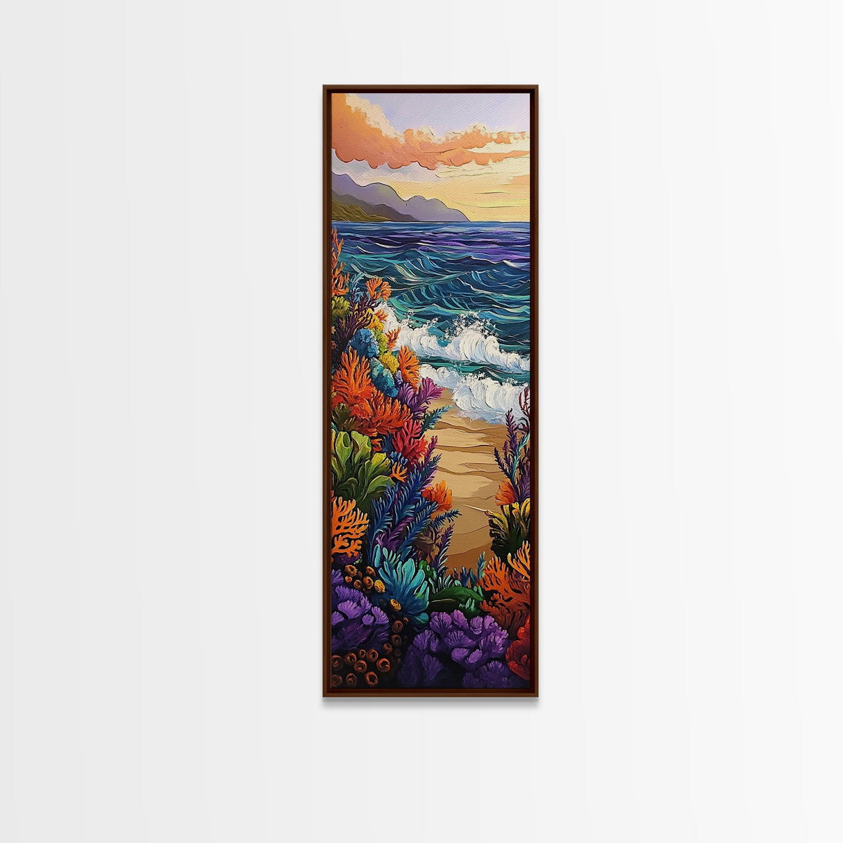 Ocean Waves, Coral Sunset, Canvas Print, Coastal living room wall art, colorful seascape painting, underwater reef design, tropical beach vibe