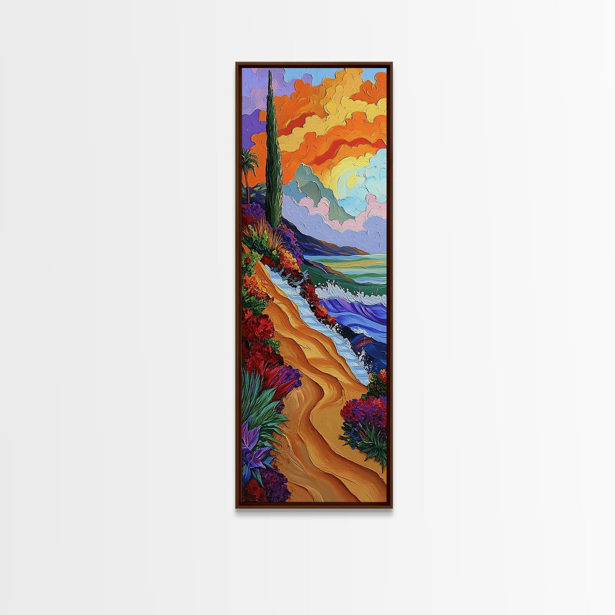 Sunset Beach, Garden, Path, Canvas Print, Autumn coastal art, bold floral landscape painting, entryway wall decor, seaside home accent